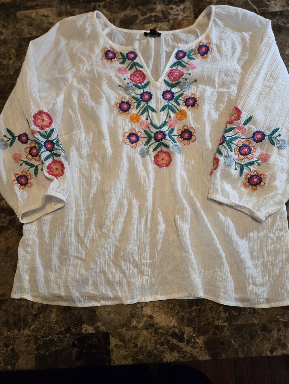 Talbots White Embroidered Peasant Top with Bright Florals. Women's Size MP